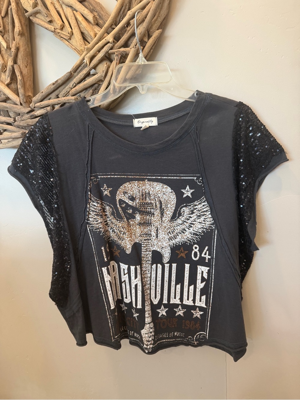 Vintage-Style Kids Black Sequin Sleeve Graphic Tee